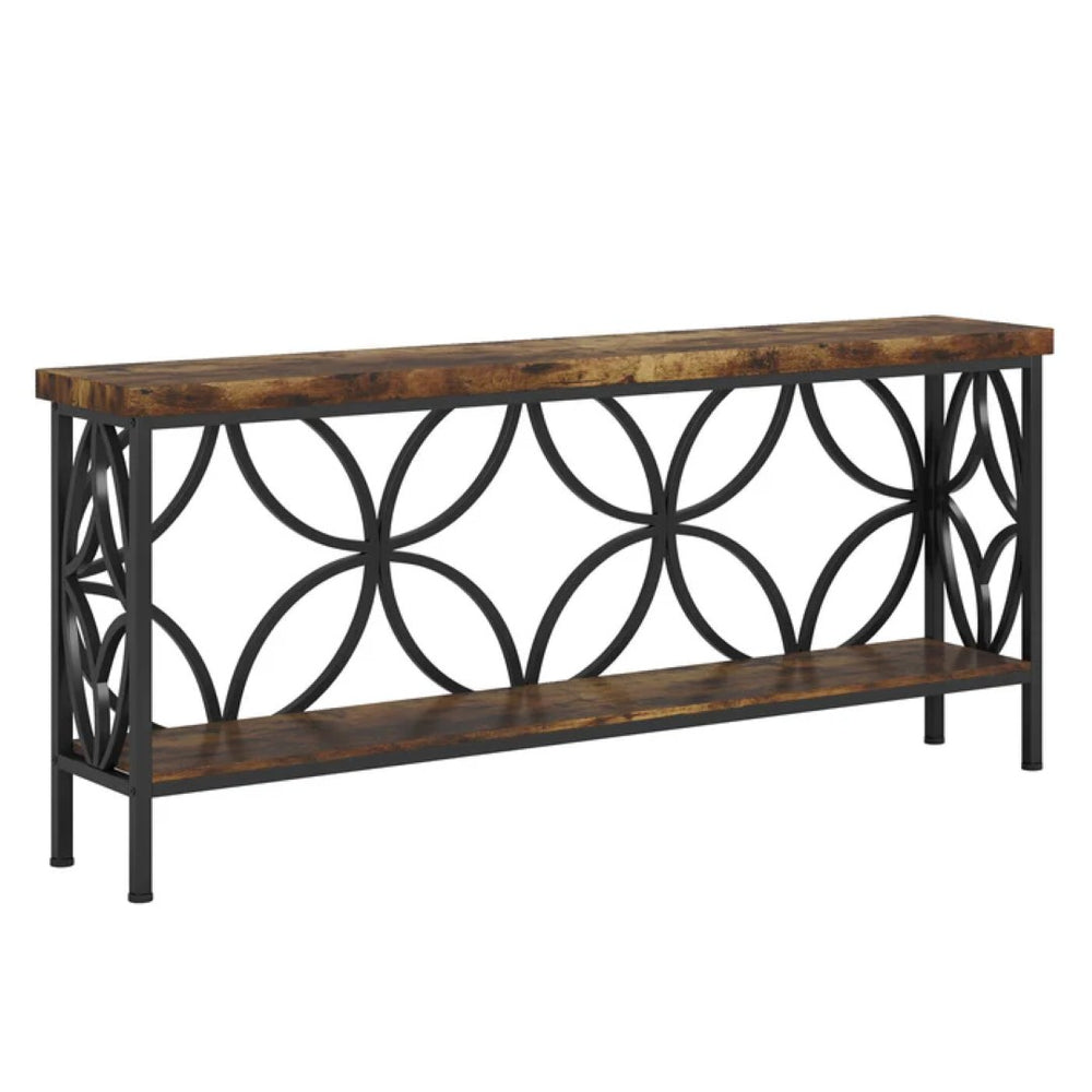 English Elm Coffee Console Table Industrial Metal Frame Vintage Wood Grain 2 Tier Entryway Sofa Black,Rustic Brown T3971P446556