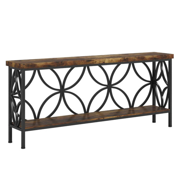 English Elm Coffee Console Table Industrial Metal Frame Vintage Wood Grain 2 Tier Entryway Sofa Black,Rustic Brown T3971P446556