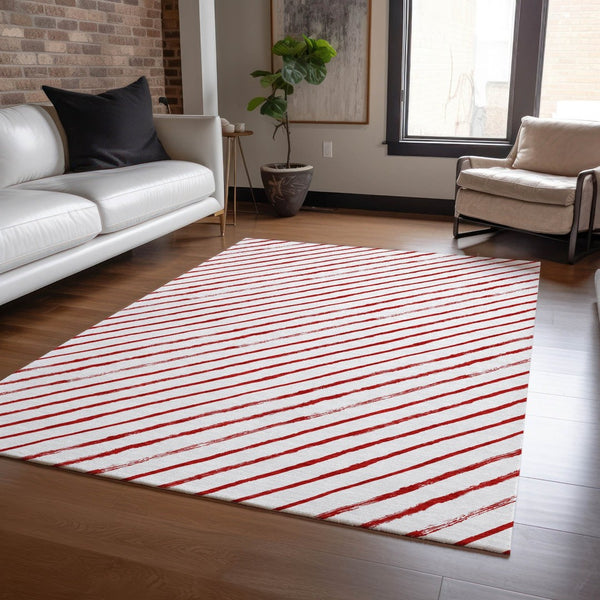 HomeRoots 10' Red and White Striped Washable Area Rug - Versatile Indoor/Outdoor Design for High-Traffic Spaces 621501