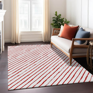 HomeRoots 10' Red and White Striped Washable Area Rug - Versatile Indoor/Outdoor Design for High-Traffic Spaces 621501