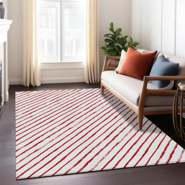HomeRoots 10' Red and White Striped Washable Area Rug - Versatile Indoor/Outdoor Design for High-Traffic Spaces 621501