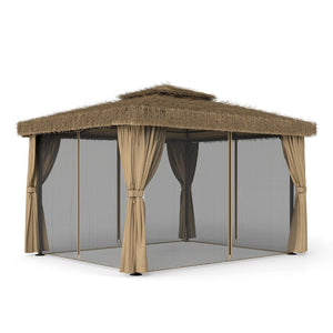 English Elm Outdoor Hawaiian Tiki Gazebo with Pe Thatch Roof Aluminum Frame and Mosquito Net T3963S00001