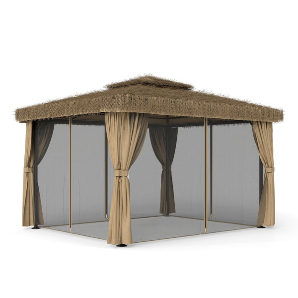 English Elm Outdoor Hawaiian Tiki Gazebo with Pe Thatch Roof Aluminum Frame and Mosquito Net T3963S00001