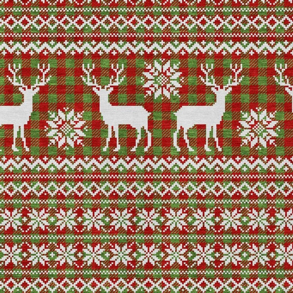 HomeRoots 5' Fern Green, Red & Ivory Deer Area Rug - Washable Indoor/Outdoor, Durable, Stylish & Versatile! 621515