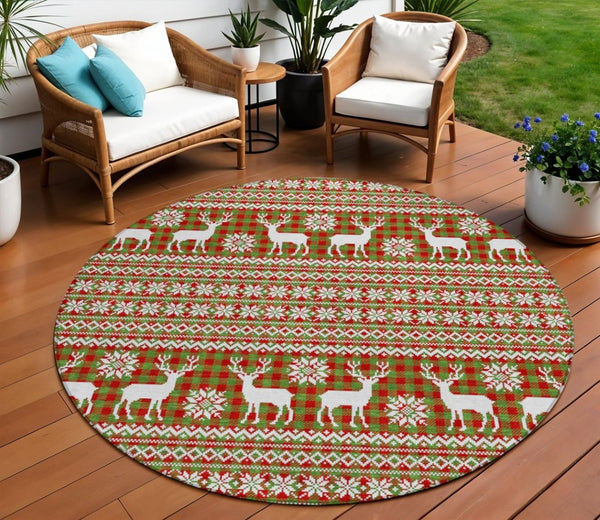 HomeRoots 8' Eye-Catching Fern Green Round Deer Area Rug - Durable, Washable, Perfect for Indoor & Outdoor Use 621516