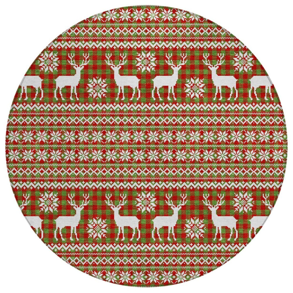 HomeRoots 8' Eye-Catching Fern Green Round Deer Area Rug - Durable, Washable, Perfect for Indoor & Outdoor Use 621516