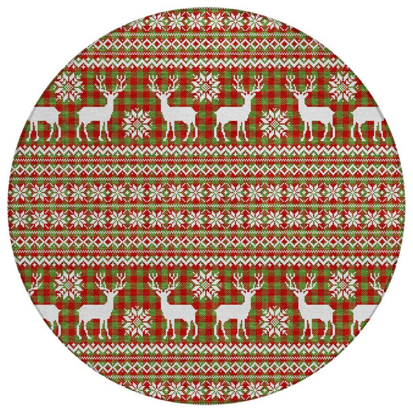 HomeRoots 8' Eye-Catching Fern Green Round Deer Area Rug - Durable, Washable, Perfect for Indoor & Outdoor Use 621516