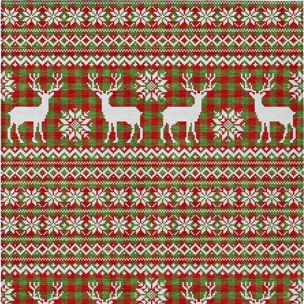 HomeRoots 8' X 10' Fern Green Red And Ivory Deer Rug - Washable, Durable, Indoor/Outdoor Area Rug for Any Space 621517