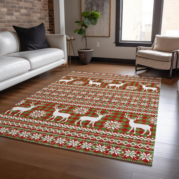 HomeRoots 9' Indoor Outdoor Area Rug in Fern Green, Red & Ivory - Durable, Washable Deer Design for All Spaces 621518