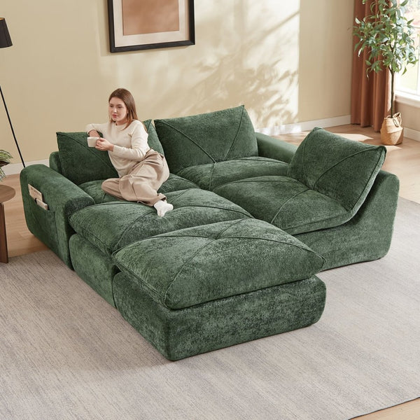 English Elm Modern Chenille Modular Sectional Sofa with Foot Pedals for Living Room Comfort Green W3396S00070