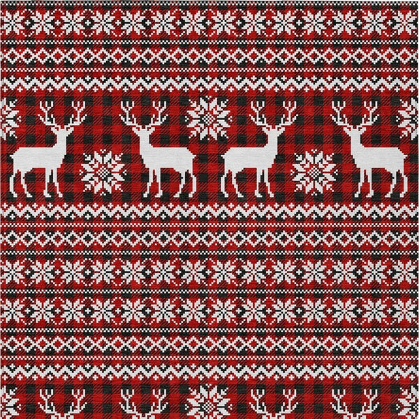 HomeRoots 5' X 8' Rustic Deer Area Rug in Red, Black & Ivory - Durable, Washable for Indoor & Outdoor Use! 621545