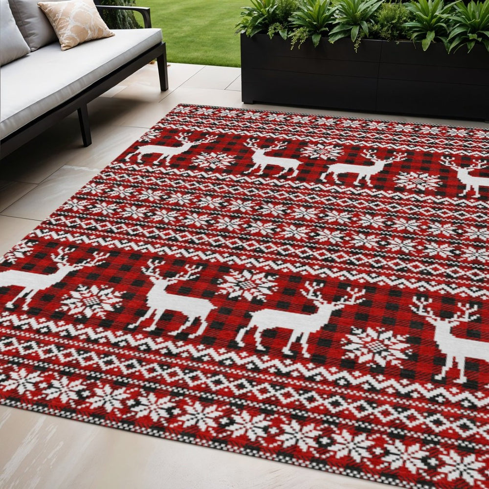 HomeRoots 5' X 8' Rustic Deer Area Rug in Red, Black & Ivory - Durable, Washable for Indoor & Outdoor Use! 621545