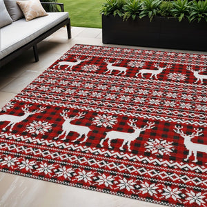 HomeRoots 5' X 8' Rustic Deer Area Rug in Red, Black & Ivory - Durable, Washable for Indoor & Outdoor Use! 621545