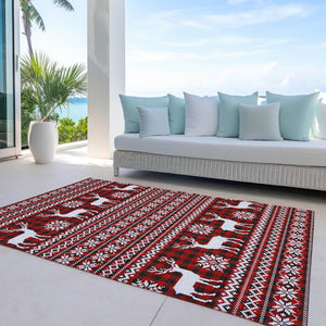 HomeRoots 5' X 8' Rustic Deer Area Rug in Red, Black & Ivory - Durable, Washable for Indoor & Outdoor Use! 621545