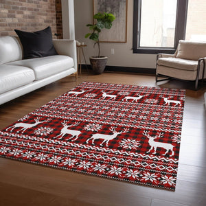 HomeRoots 5' X 8' Rustic Deer Area Rug in Red, Black & Ivory - Durable, Washable for Indoor & Outdoor Use! 621545