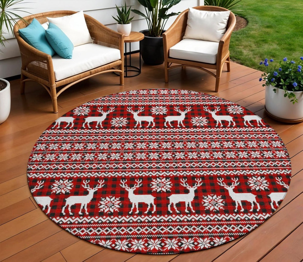 HomeRoots 8' Red Black And Ivory Round Deer Rug – Washable, Durable, Stylish for Indoor & Outdoor Spaces 621546