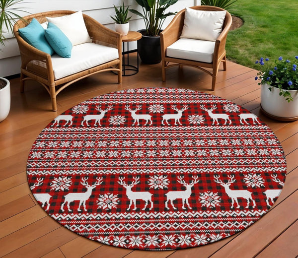 HomeRoots 8' Red Black And Ivory Round Deer Rug – Washable, Durable, Stylish for Indoor & Outdoor Spaces 621546
