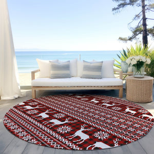 HomeRoots 8' Red Black And Ivory Round Deer Rug – Washable, Durable, Stylish for Indoor & Outdoor Spaces 621546