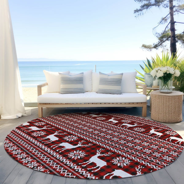 HomeRoots 8' Red Black And Ivory Round Deer Rug – Washable, Durable, Stylish for Indoor & Outdoor Spaces 621546