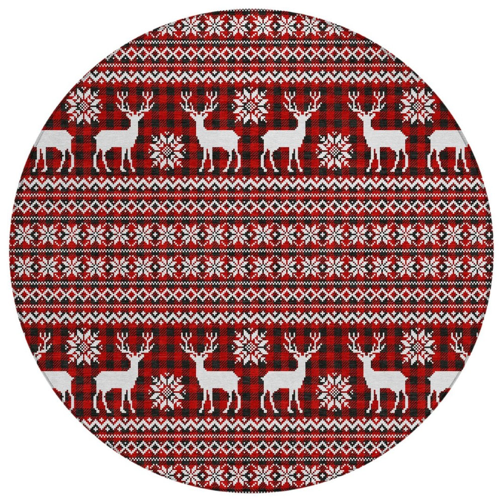 HomeRoots 8' Red Black And Ivory Round Deer Rug – Washable, Durable, Stylish for Indoor & Outdoor Spaces 621546