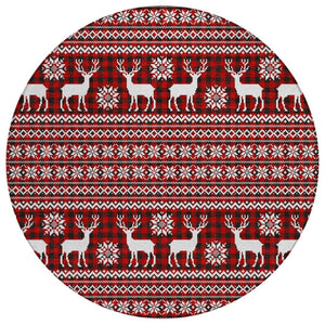 HomeRoots 8' Red Black And Ivory Round Deer Rug – Washable, Durable, Stylish for Indoor & Outdoor Spaces 621546