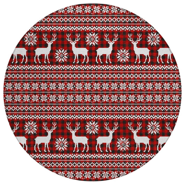 HomeRoots 8' Red Black And Ivory Round Deer Rug – Washable, Durable, Stylish for Indoor & Outdoor Spaces 621546
