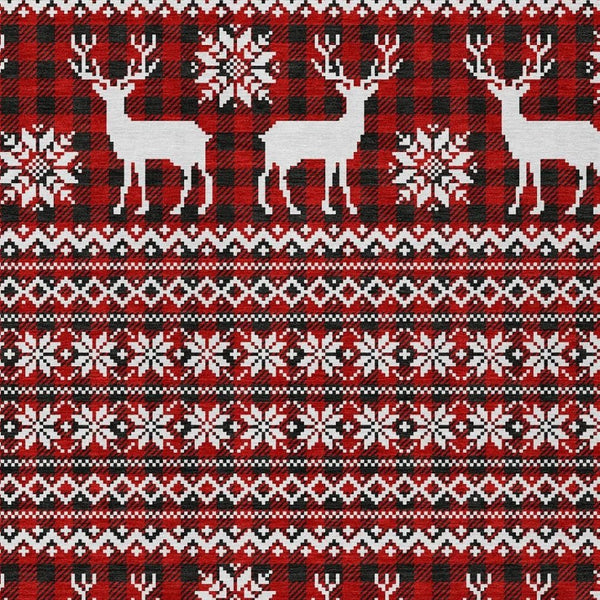 HomeRoots 8' X 10' Deer Area Rug - Rustic Red, Black & Ivory, Washable for Indoor/Outdoor Use, Durable Design 621547