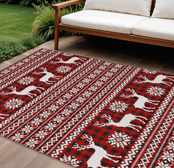 HomeRoots 8' X 10' Deer Area Rug - Rustic Red, Black & Ivory, Washable for Indoor/Outdoor Use, Durable Design 621547
