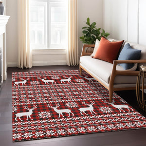 HomeRoots 8' X 10' Deer Area Rug - Rustic Red, Black & Ivory, Washable for Indoor/Outdoor Use, Durable Design 621547