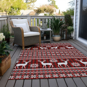 HomeRoots 8' X 10' Deer Area Rug - Rustic Red, Black & Ivory, Washable for Indoor/Outdoor Use, Durable Design 621547