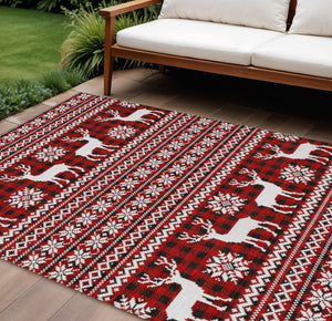 HomeRoots 9' X 12' Deer Area Rug - Rustic Red, Black & Ivory Washable Design for Indoor/Outdoor Spaces 621548