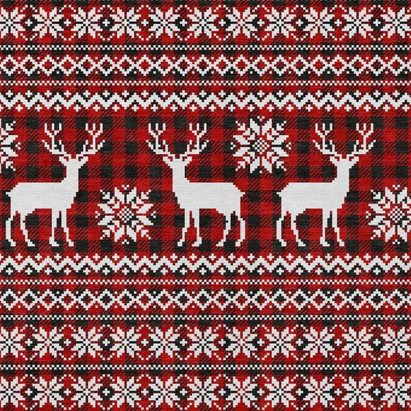 HomeRoots 9' X 12' Deer Area Rug - Rustic Red, Black & Ivory Washable Design for Indoor/Outdoor Spaces 621548