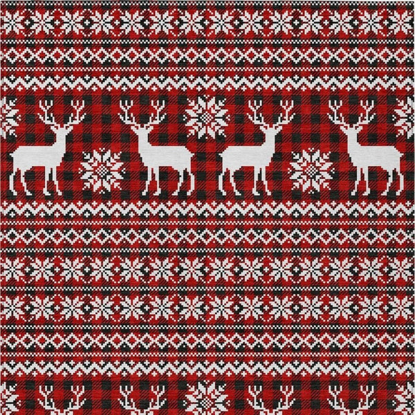 HomeRoots 9' X 12' Deer Area Rug - Rustic Red, Black & Ivory Washable Design for Indoor/Outdoor Spaces 621548