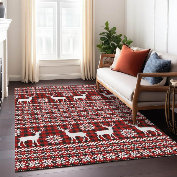 HomeRoots 9' X 12' Deer Area Rug - Rustic Red, Black & Ivory Washable Design for Indoor/Outdoor Spaces 621548