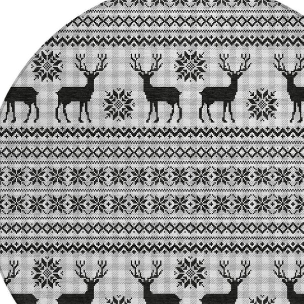HomeRoots 8' Stylish Silver Black Ivory Round Deer Area Rug - Washable, Indoor/Outdoor, Durable & Versatile 621552