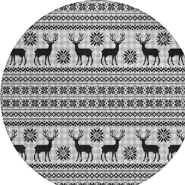 HomeRoots 8' Stylish Silver Black Ivory Round Deer Area Rug - Washable, Indoor/Outdoor, Durable & Versatile 621552