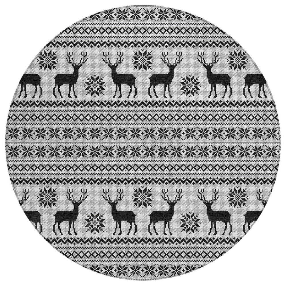HomeRoots 8' Stylish Silver Black Ivory Round Deer Area Rug - Washable, Indoor/Outdoor, Durable & Versatile 621552
