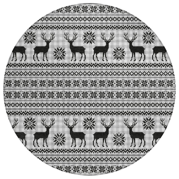 HomeRoots 8' Stylish Silver Black Ivory Round Deer Area Rug - Washable, Indoor/Outdoor, Durable & Versatile 621552