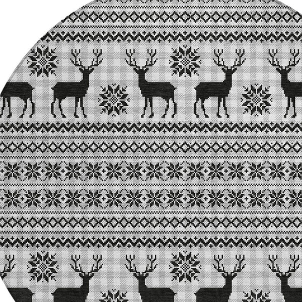 HomeRoots 8' Stylish Silver Black Ivory Round Deer Area Rug - Washable, Indoor/Outdoor, Durable & Versatile 621552
