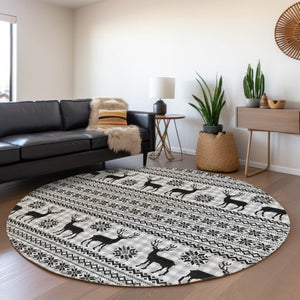 HomeRoots 8' Stylish Silver Black Ivory Round Deer Area Rug - Washable, Indoor/Outdoor, Durable & Versatile 621552