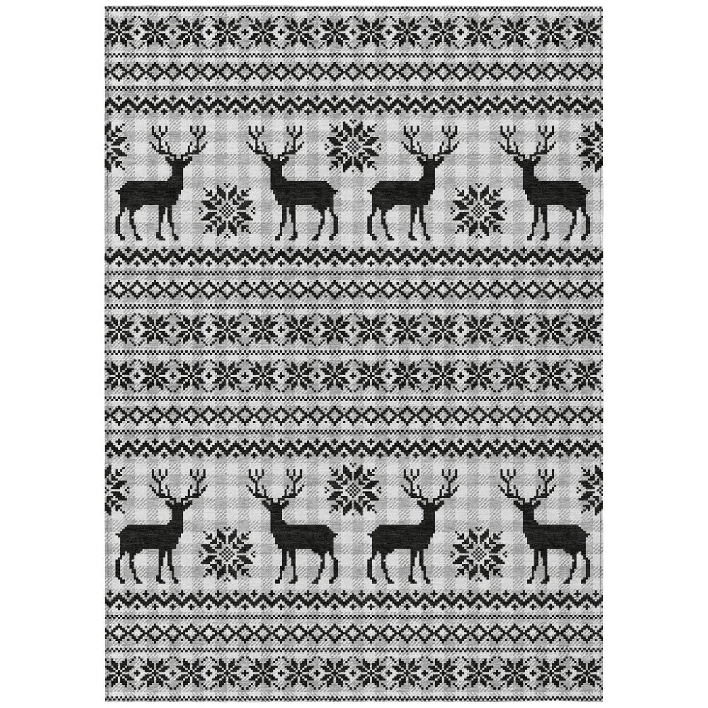 HomeRoots 8' X 10' Deer Washable Area Rug - Elegant Silver, Black & Ivory Design for Indoor/Outdoor Spaces 621553