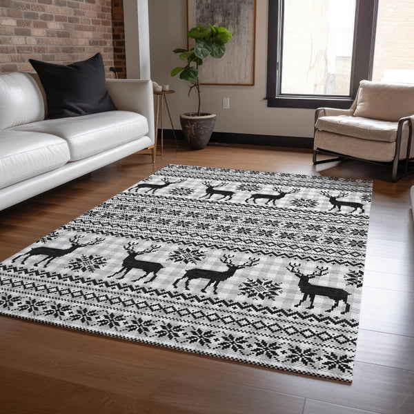 HomeRoots 8' X 10' Deer Washable Area Rug - Elegant Silver, Black & Ivory Design for Indoor/Outdoor Spaces 621553