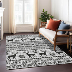 HomeRoots 8' X 10' Deer Washable Area Rug - Elegant Silver, Black & Ivory Design for Indoor/Outdoor Spaces 621553