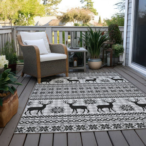 HomeRoots 8' X 10' Deer Washable Area Rug - Elegant Silver, Black & Ivory Design for Indoor/Outdoor Spaces 621553