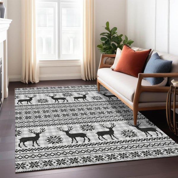 HomeRoots 9' X 12' Stylish Silver Black Ivory Deer Washable Area Rug for Indoor & Outdoor High Traffic Spaces 621554