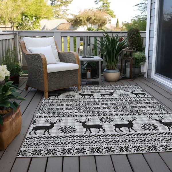 HomeRoots 10' Silver Black Ivory Deer Area Rug - Washable, Durable, Indoor/Outdoor Design for Any Space 621555