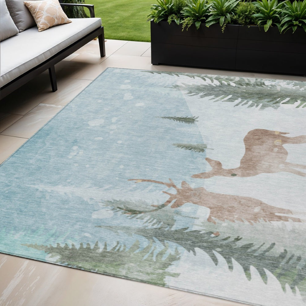 HomeRoots 5' Indoor/Outdoor Area Rug in Sky Blue, Sage, Ivory & Khaki with Elegant Deer Motif - Washable, Durable! 621557