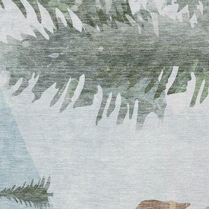 HomeRoots 5' Indoor/Outdoor Area Rug in Sky Blue, Sage, Ivory & Khaki with Elegant Deer Motif - Washable, Durable! 621557