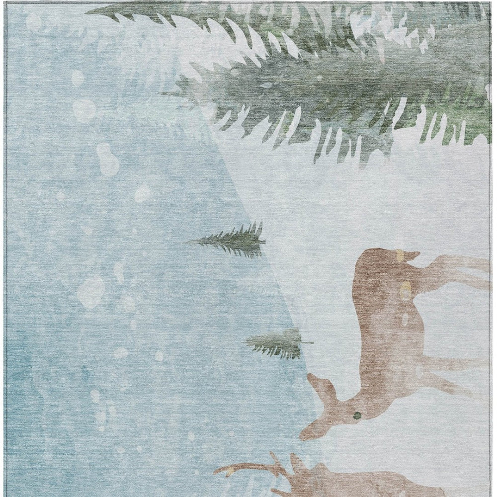 HomeRoots 5' Indoor/Outdoor Area Rug in Sky Blue, Sage, Ivory & Khaki with Elegant Deer Motif - Washable, Durable! 621557