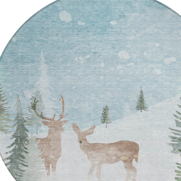 HomeRoots 8' Sky Blue Deer Area Rug - Stylish Washable Indoor/Outdoor Round Rug with Durable Design & Easy Care 621558
